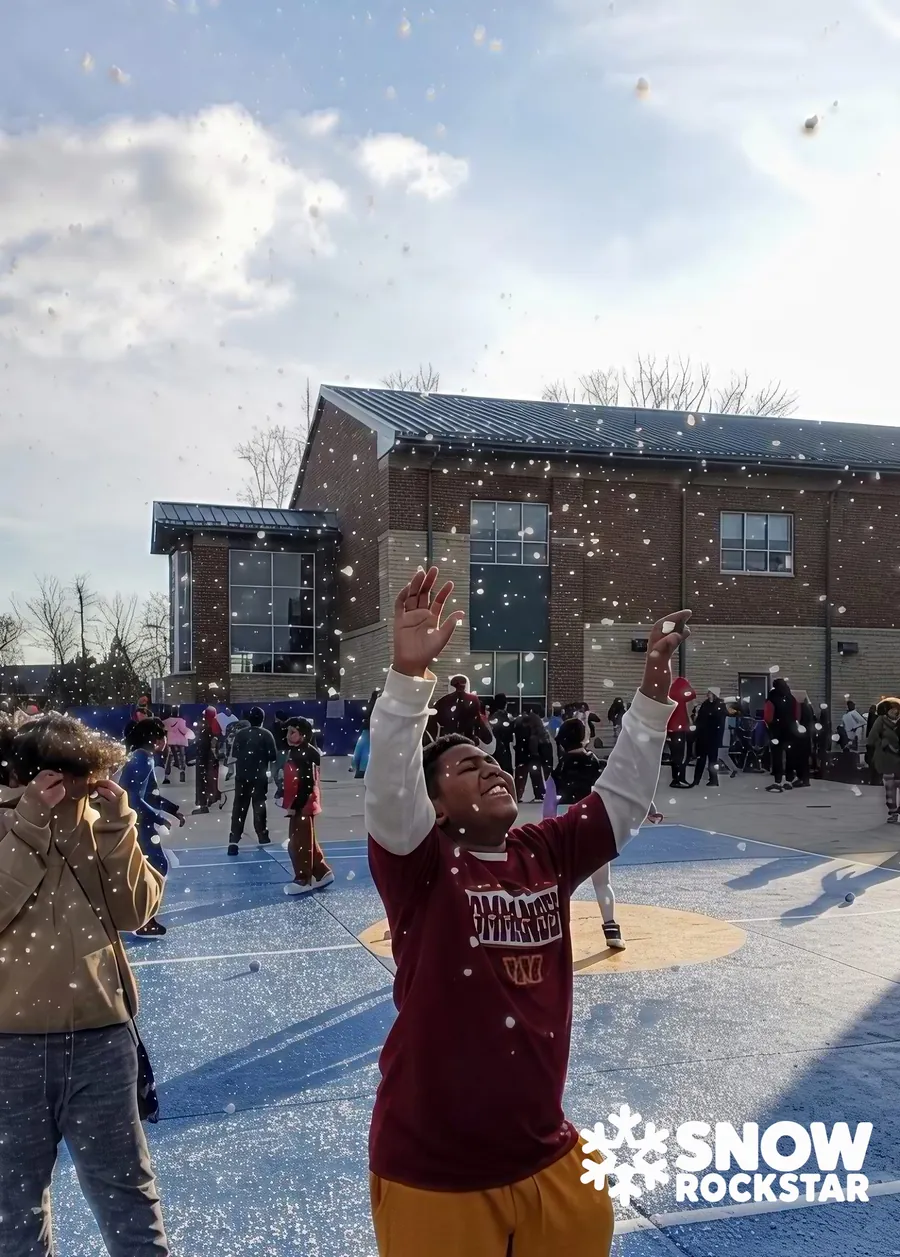 A boy reaches up with both hands toward falling snow at a daytime outdoor event while other guests gather behind him
