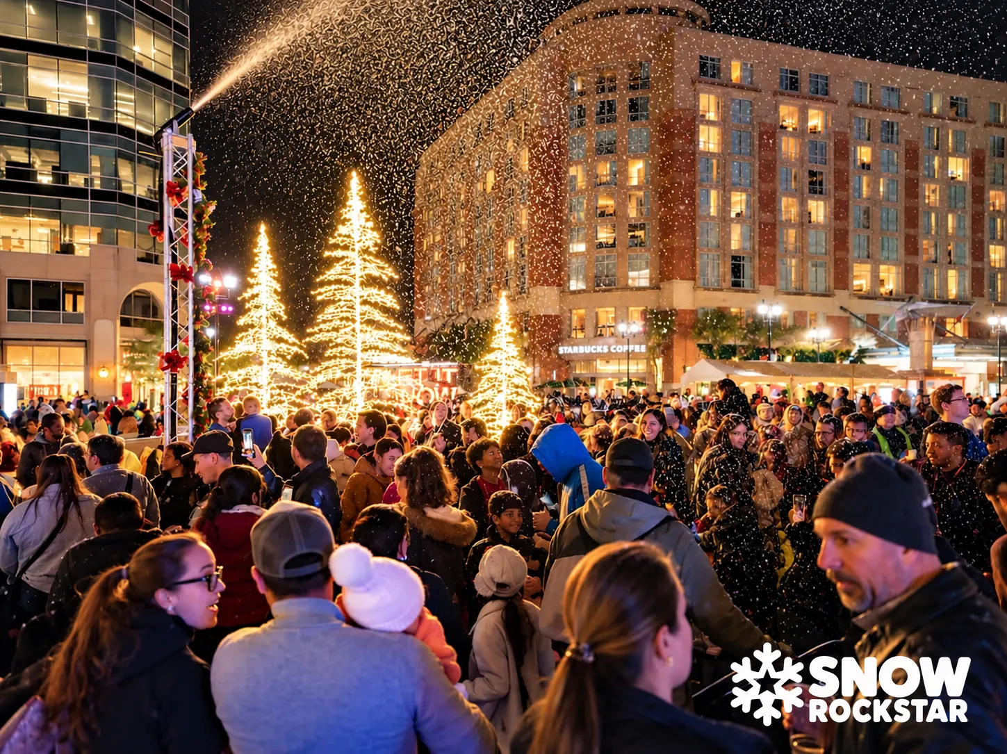 A large nighttime holiday crowd under glowing trees as snow sprays into the air above a downtown plaza